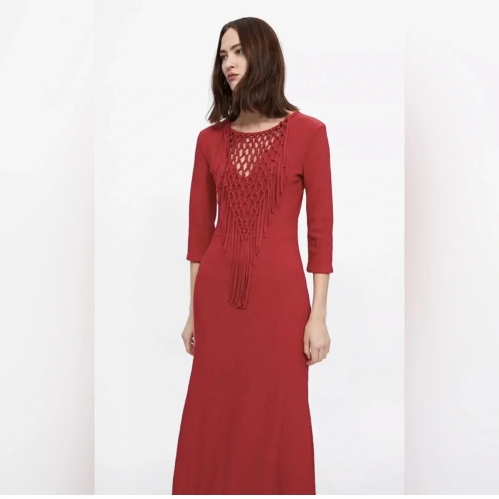 Zara Bright Red Fringe Knit Maxi Dress
